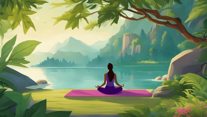 person practicing yoga or meditation in a peaceful setting, surrounded by nature and natural elements