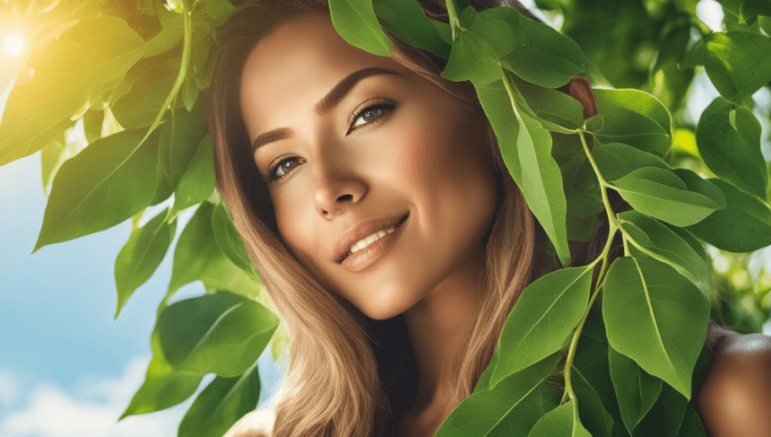 A vibrant and healthy-looking woman's face, with her skin appearing youthful, glowing, and free from blemishes, set against a backdrop of lush greenery and a sunlit sky