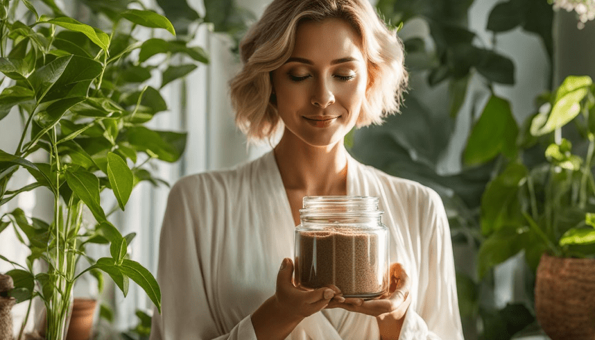 A woman standing in front of a mirror, holding a clear glass jar filled with ashwagandha root powder