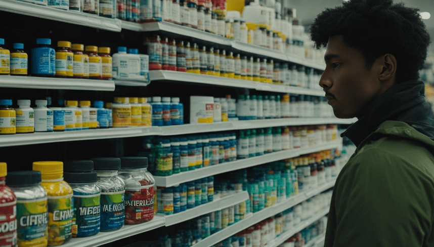 A young adult standing in front of a shelf of various testosterone booster supplements, carefully examining each bottle