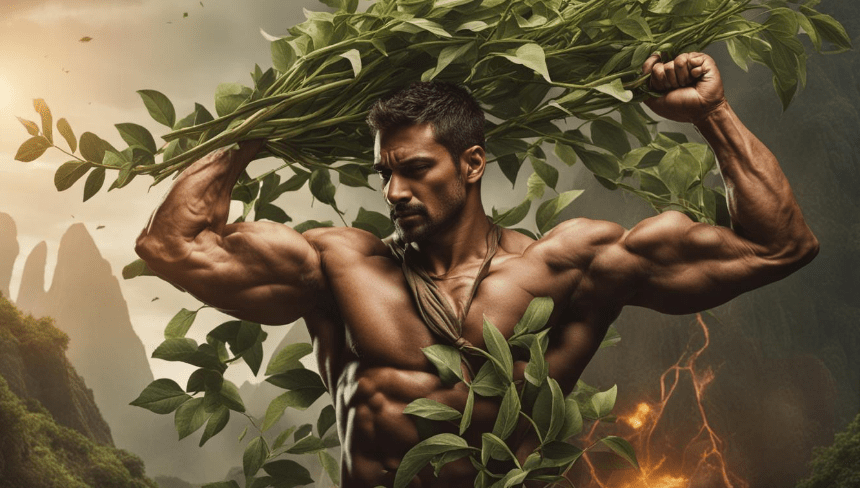 A muscular man flexing his arm, with roots and leaves of the ashwagandha plant intertwined around the muscles
