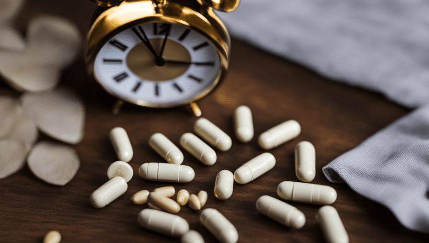 Ashwagandha pills next to a clock