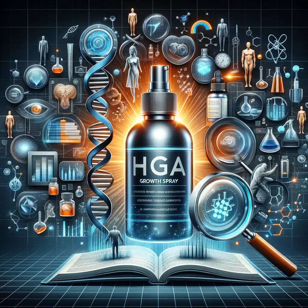 sleek, modern bottle of the hga spray surrounded by elements representing the scientific basis,