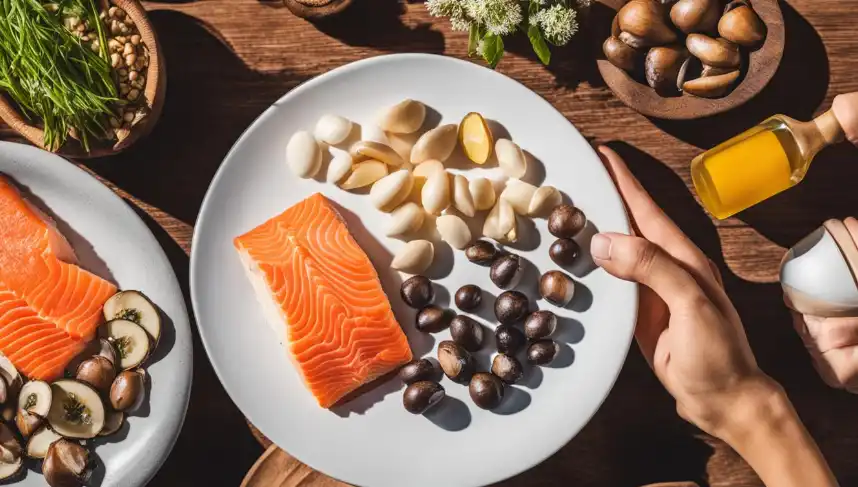 A plate of food with sources of Vitamin D such as salmon and mushrooms
