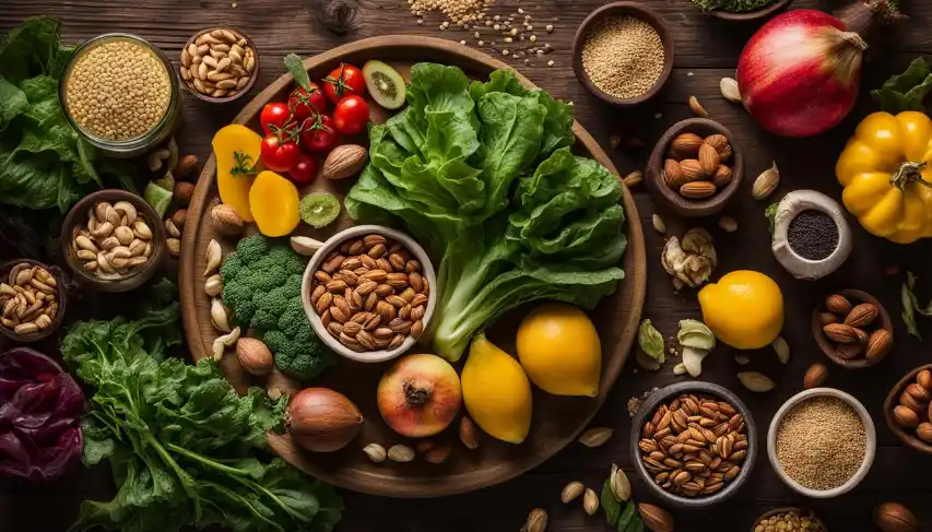 colorful arrangement of foods high in magnesium, such as leafy greens, nuts, seeds, and whole grains, placed on a rustic wooden table with natural light streaming in from a nearby window