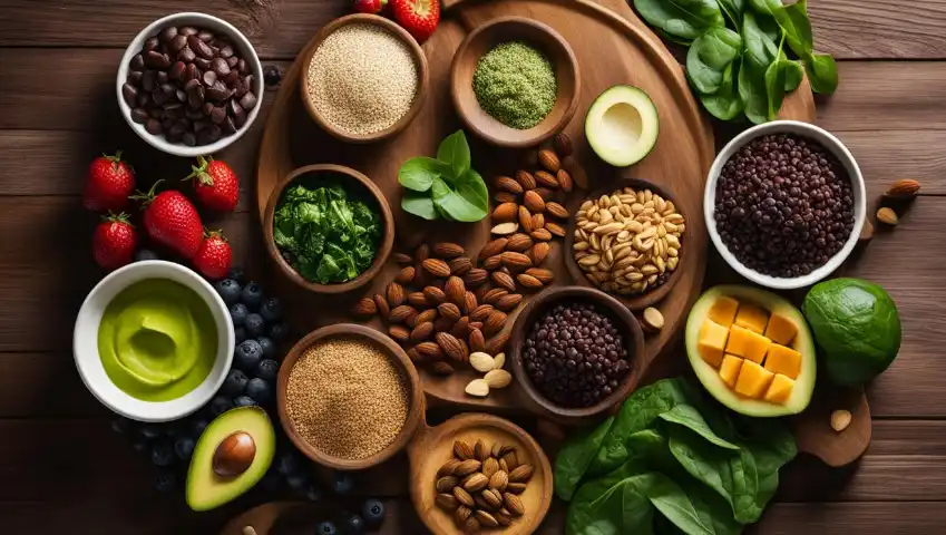 A pile of various foods rich in magnesium, including spinach, almonds, quinoa, avocado, and dark chocolate, arranged in a circular pattern on a wooden cutting board.