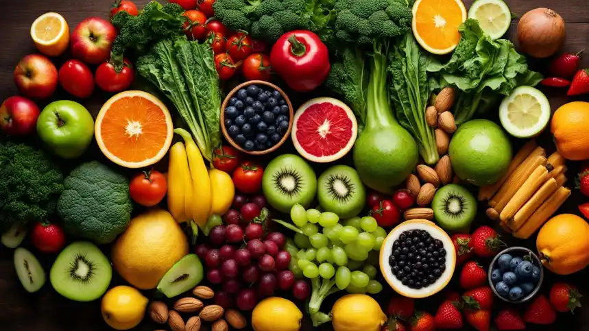 A variety of colorful fruits and vegetables arranged in a circular pattern, highlighting their magnesium-rich properties