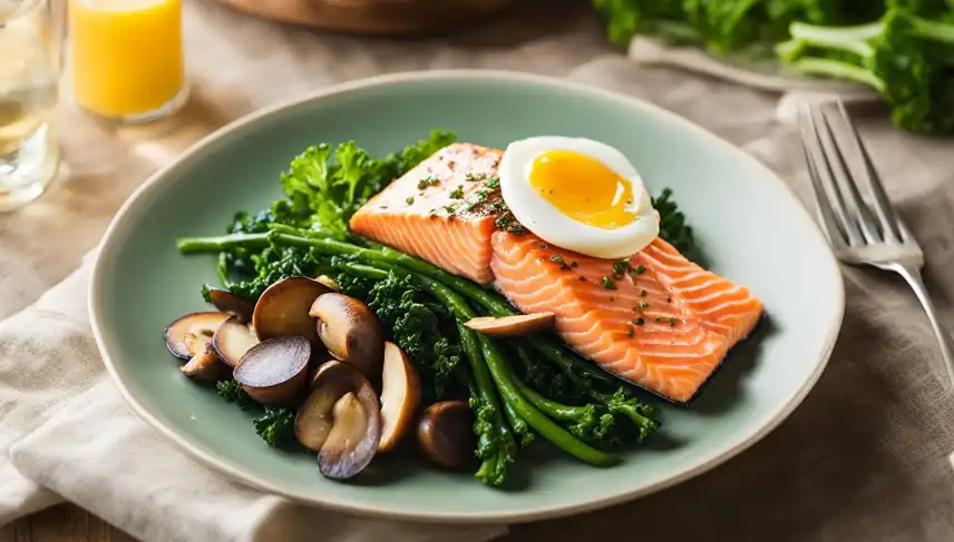 plate filled with salmon, mushrooms, and eggs bathed in warm sunlight to showcase the natural sources of Vitamin D