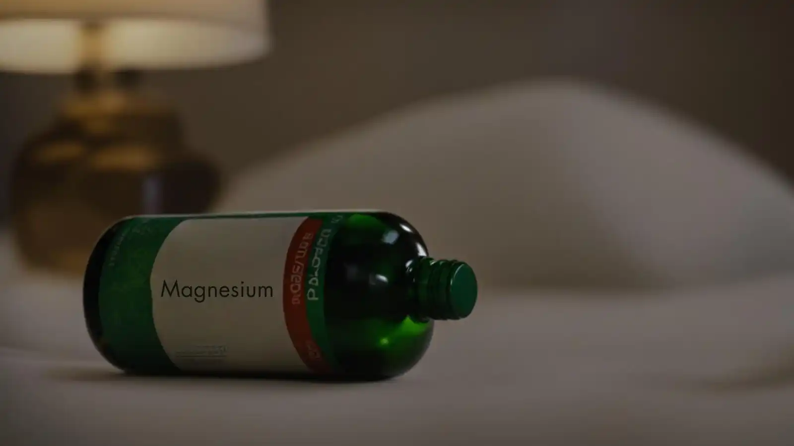 A bottle of magnesium supplement pills resting on a white pillow in a dimly lit bedroom