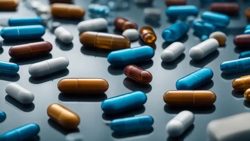 A close-up view of different forms of magnesium supplements, such as capsules, tablets, powder, and liquid, arranged in a circular shape